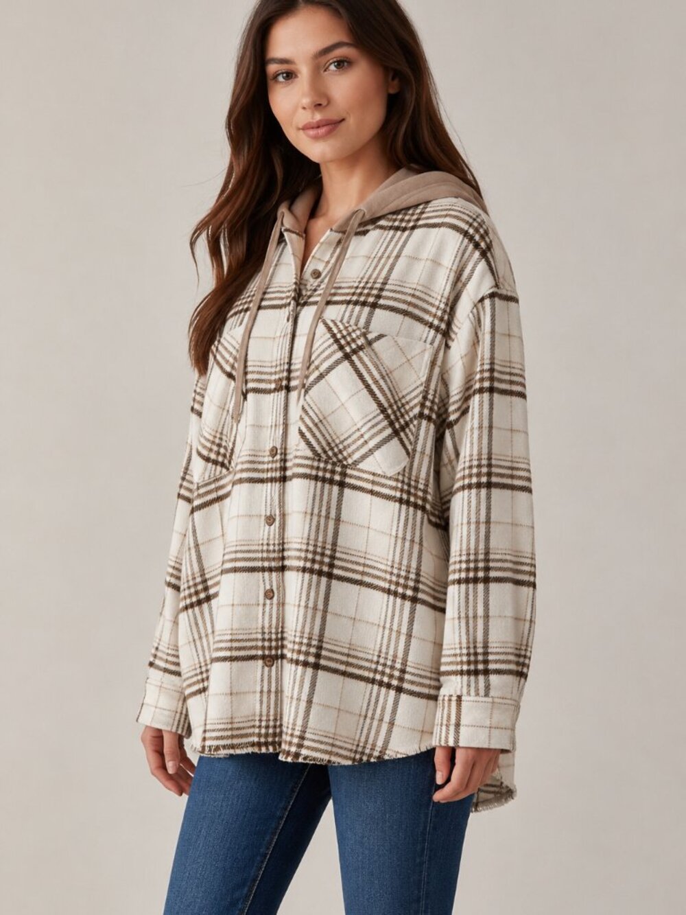 WallFlower Women’s 2X Plaid Hooded Shacket Cream Brown Oversized Button Front